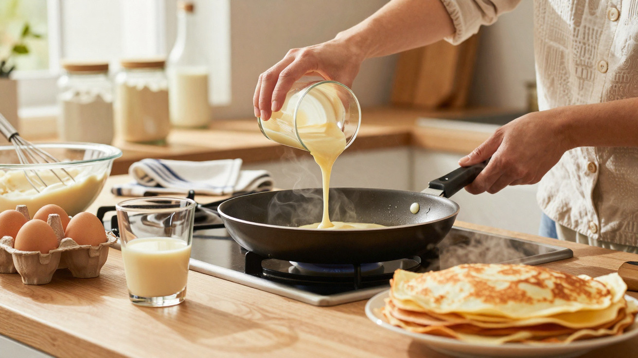 Pessoa a verter massa para panquecas numa frigideira numa cozinha moderna com ovos e panquecas ao lado.