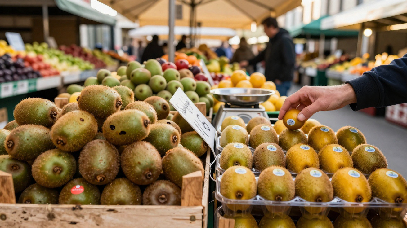 Feira ao ar livre com caixas de kiwis e uma mão a escolher uma peça dourada.