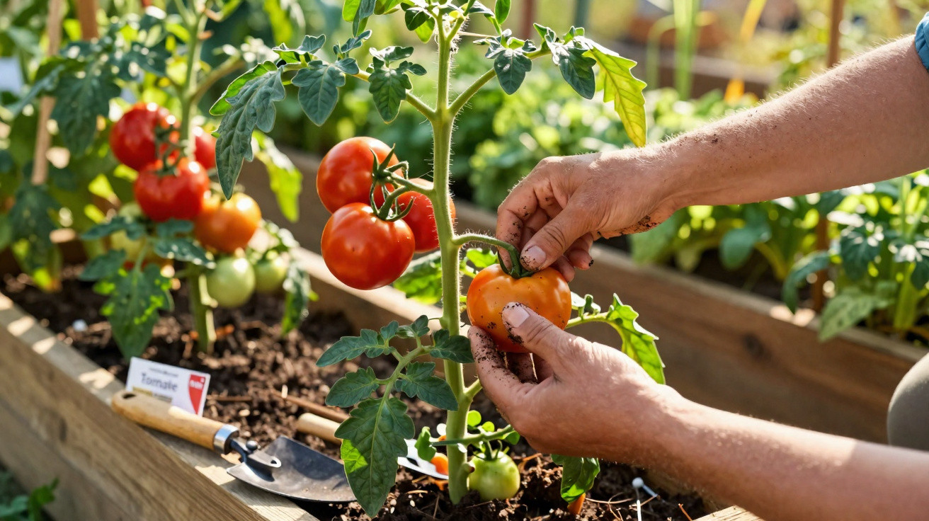 Pessoa a colher tomate maduro numa plantação em canteiro de madeira num jardim.