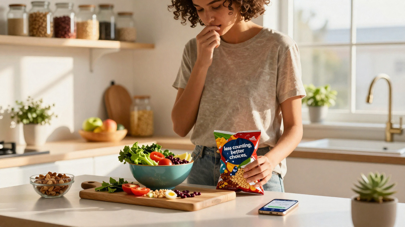 Pessoa a comer snacks saudáveis na cozinha moderna com ingredientes frescos numa tábua de corte.
