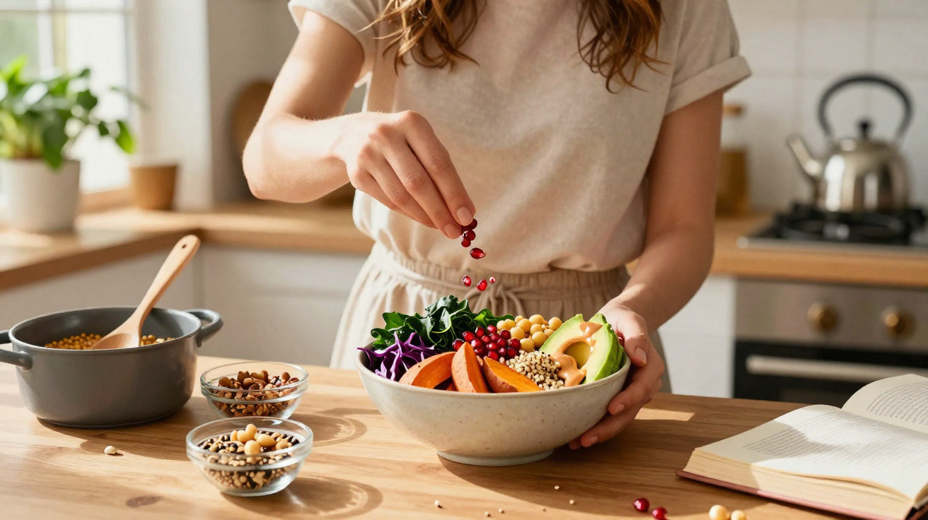 Pessoa a preparar salada saudável com legumes e grãos numa cozinha luminosa.