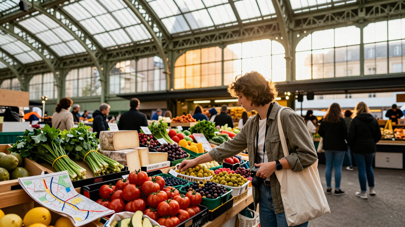 Mulher a escolher fruta numa banca de mercado coberto com várias frutas e legumes expostos.