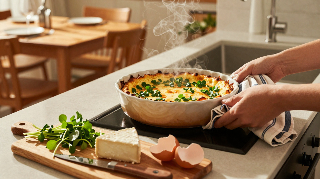 Pessoa a retirar quiche fumegante do forno numa cozinha, com queijo, ovos e ervas frescas na bancada.