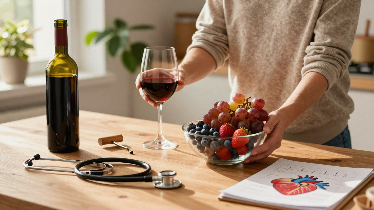Pessoa com taça de vinho e taça de fruta na mão, com estetóscopio e desenhos de coração na mesa de madeira.