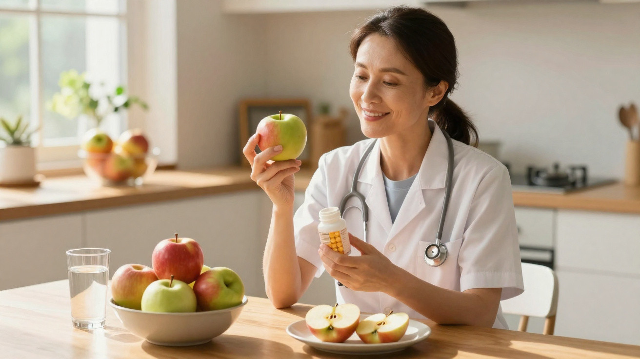 Médica sorridente com estetoscópio segura uma maçã e frasco de comprimidos numa cozinha luminosa.