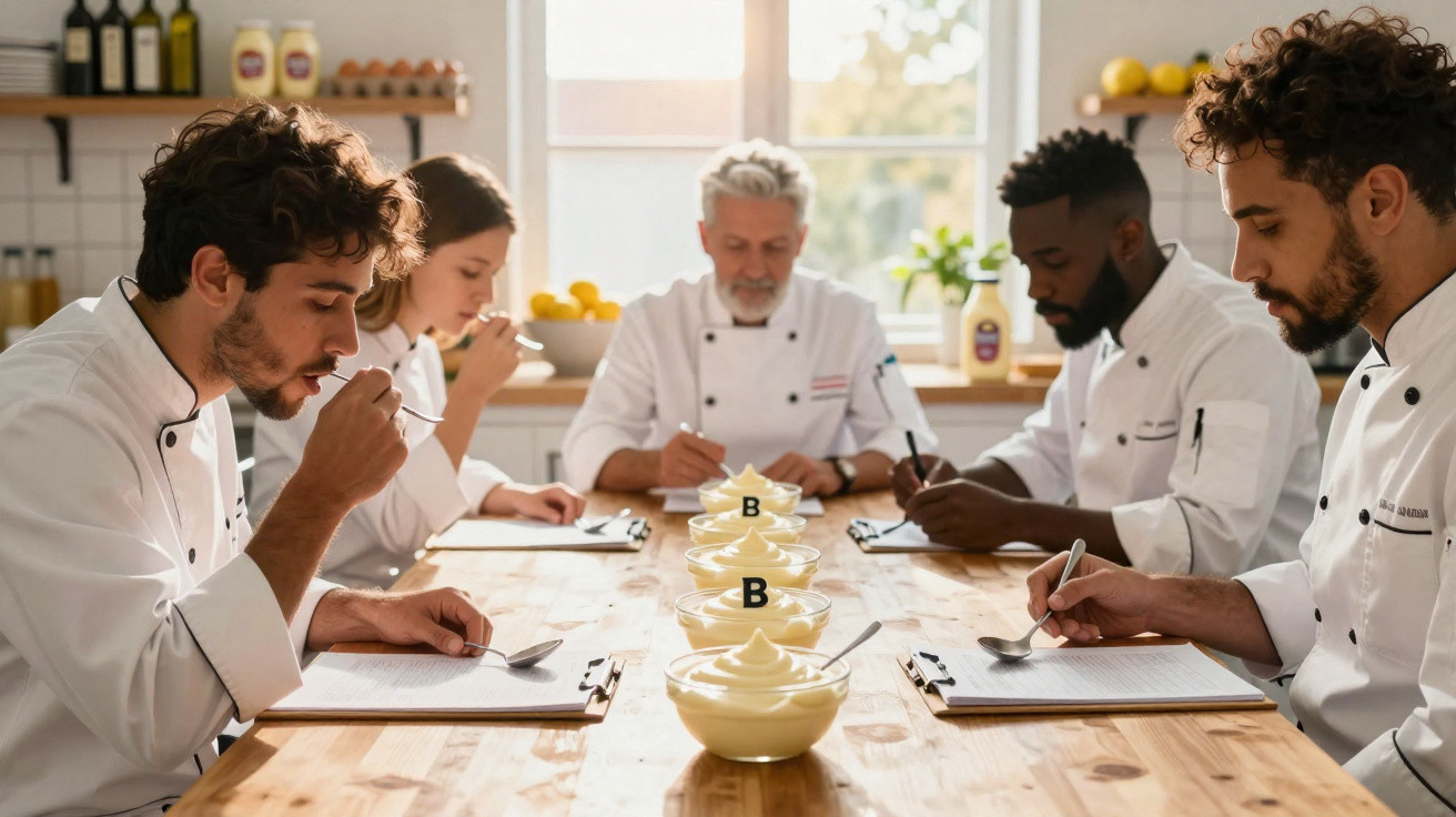 Profissionais de cozinha provam e avaliam várias sobremesas à mesa numa cozinha iluminada.
