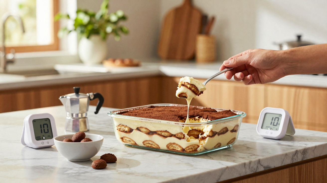 Tiramisu numa taça quadrada de vidro, com mão a colher uma porção, em bancada de cozinha.