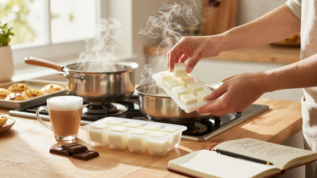 Pessoa a adicionar cubos de manteiga a panela em fogão, com café, chocolate e caderno na cozinha.