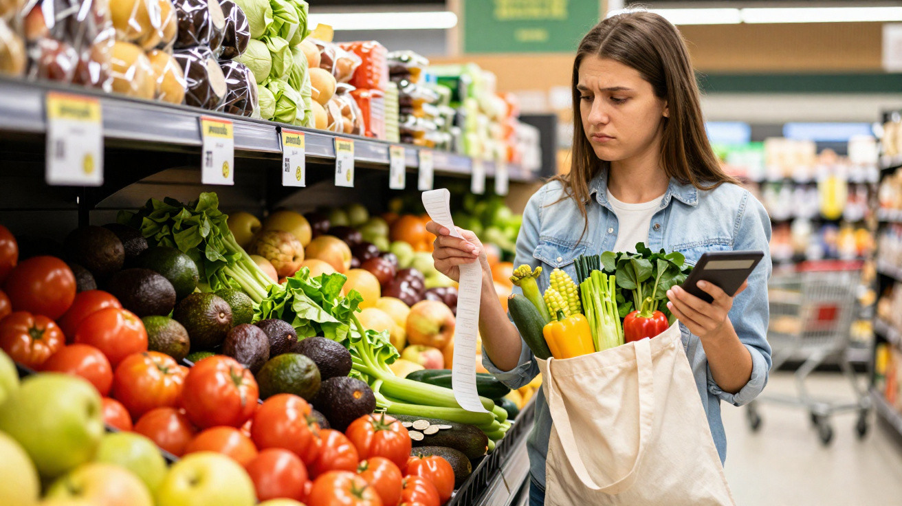 Mulher com saco reutilizável escolhe legumes e confere lista de compras num supermercado.