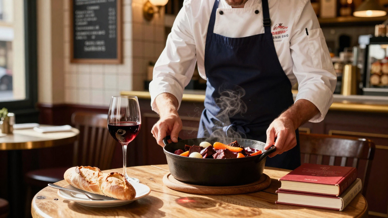 Chef a servir um prato quente com legumes, pão e copo de vinho tinto numa mesa rústica.