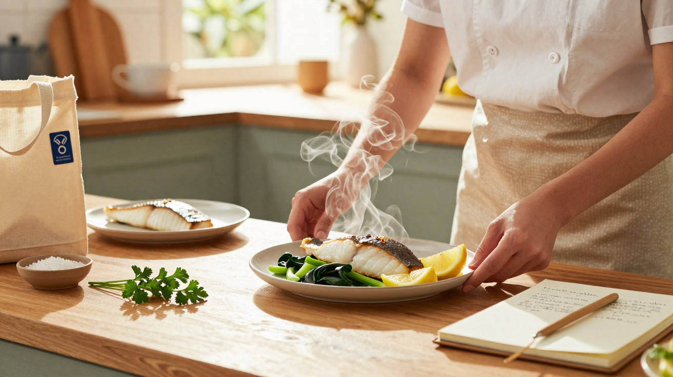 Pessoa a servir prato com peixe fumegante, legumes e limão numa cozinha luminosa.