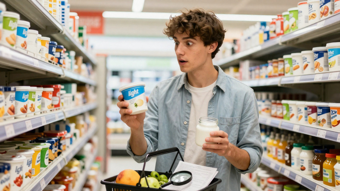 Jovem no supermercado segurando iogurte light e comparando produtos na prateleira.