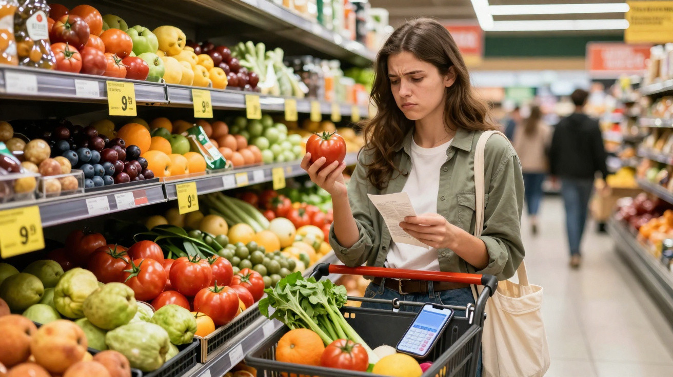 Mulher a analisar lista de compras enquanto segura um tomate no supermercado.