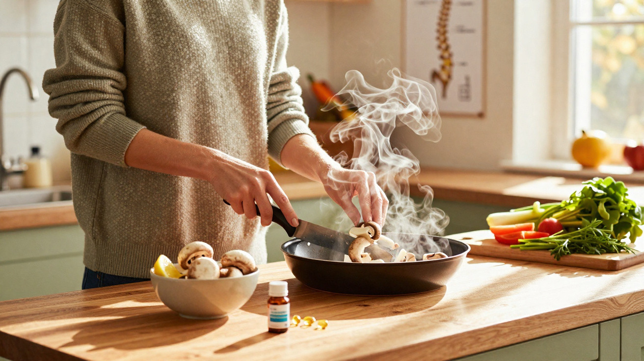 Pessoa a cozinhar cogumelos numa frigideira numa cozinha com luz natural e legumes frescos na bancada.