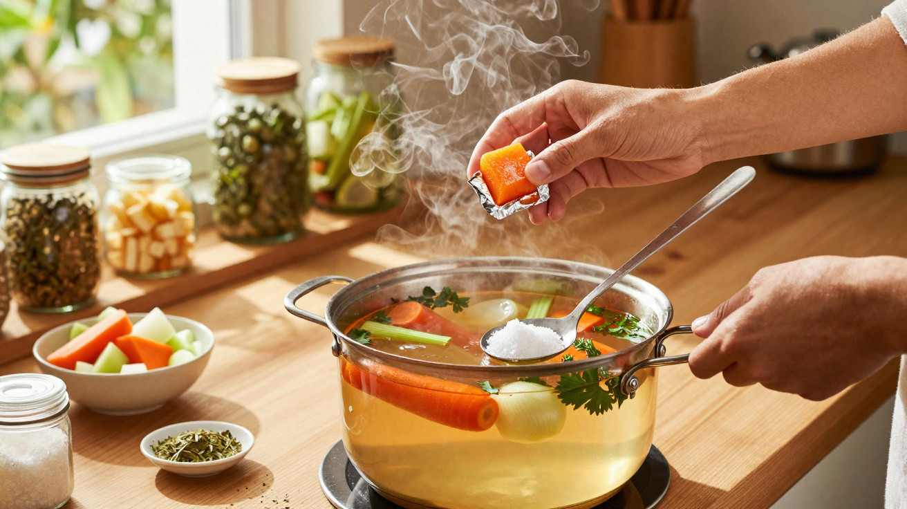 Pessoa a preparar caldo com legumes e ervas numa panela com vapor visível na cozinha iluminada.