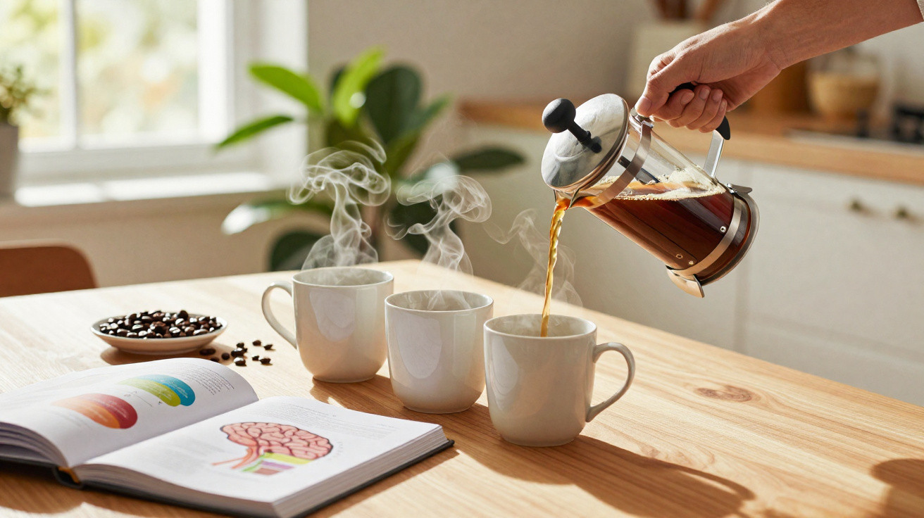 Pessoa a servir café quente em canecas brancas numa mesa com livro aberto e chávena de café ao lado.