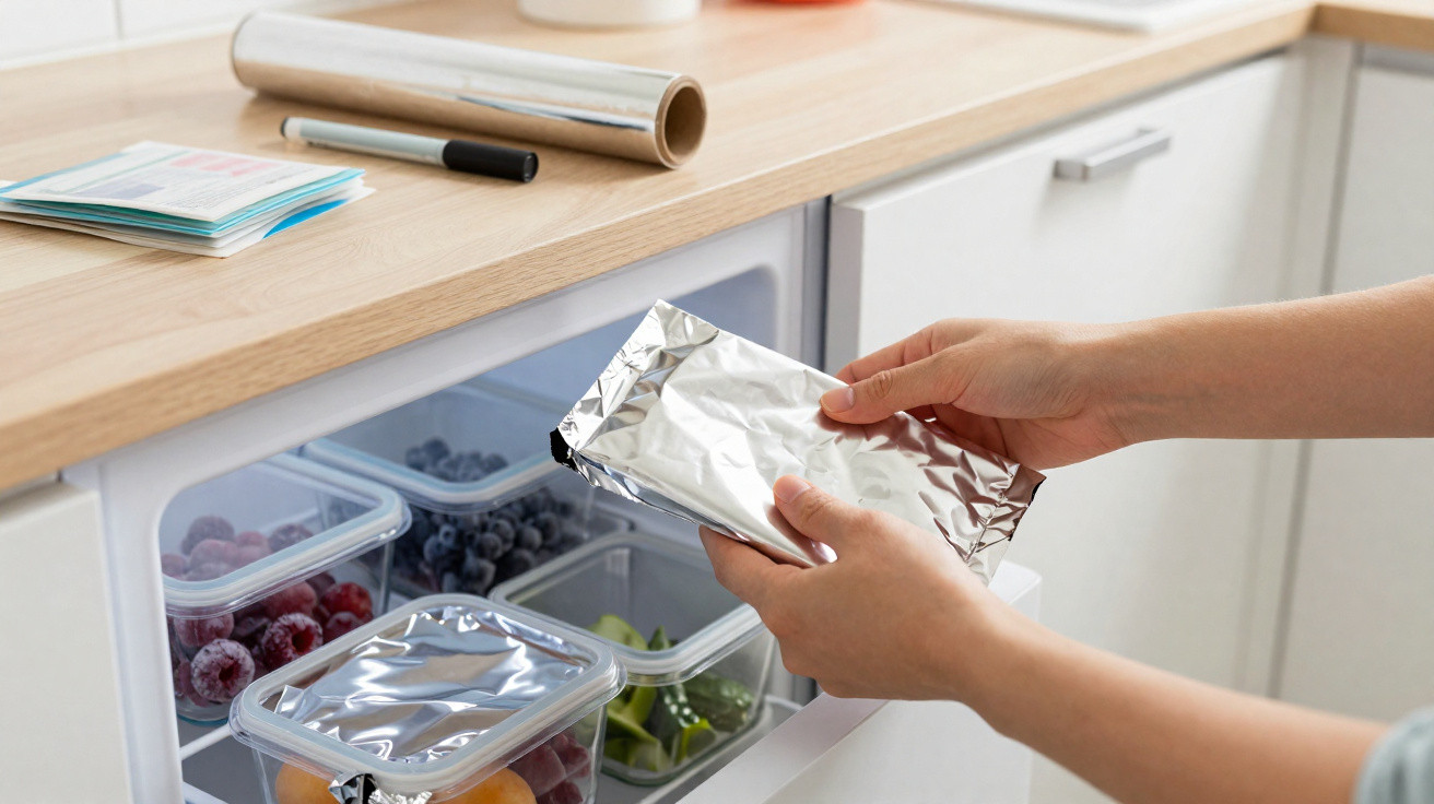 Mãos a guardar alimentos embalados em folha de alumínio no frigorífico com frutas em caixas transparentes.