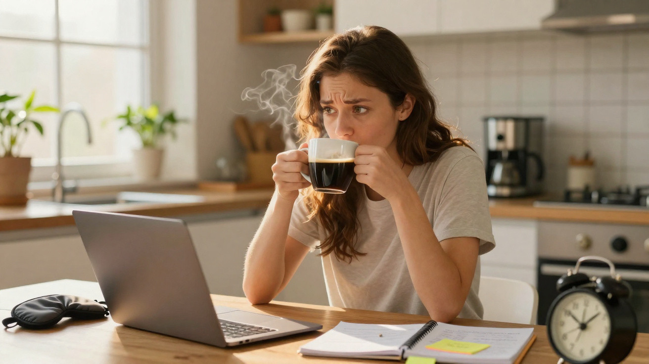 Mulher preocupada a beber café quente à mesa com computador portátil, caderno e relógio na cozinha iluminada.
