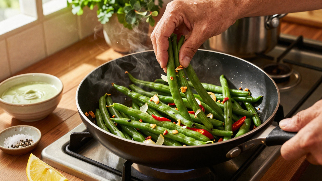 Mãos a cozinhar feijão-verde salteado com alho e malaguetas numa frigideira no fogão.