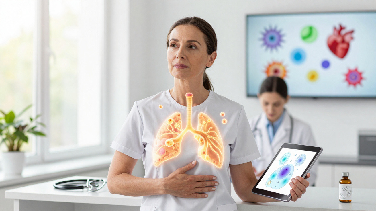 Médica com imagem digital de pulmões sobre o peito e tablet com gráficos numa consulta clínica.