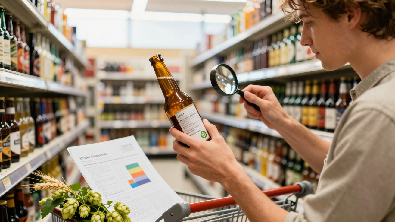 Pessoa num supermercado a examinar rótulo de garrafa com lupa, ao lado de carrinho com folhas e lúpulos.