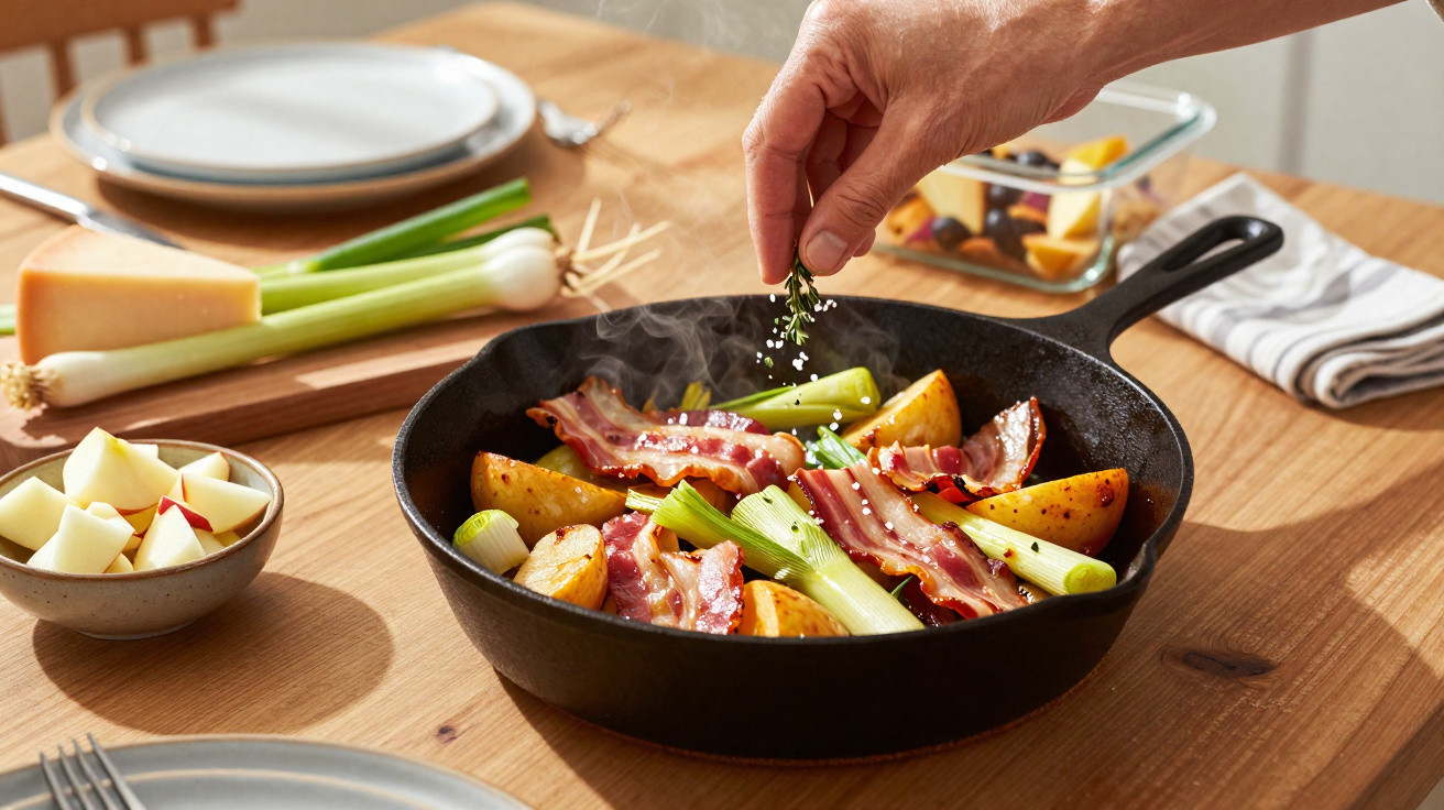 Mão a polvilhar ervas sobre frigideira com batatas, bacon e alho-francês numa mesa de madeira.