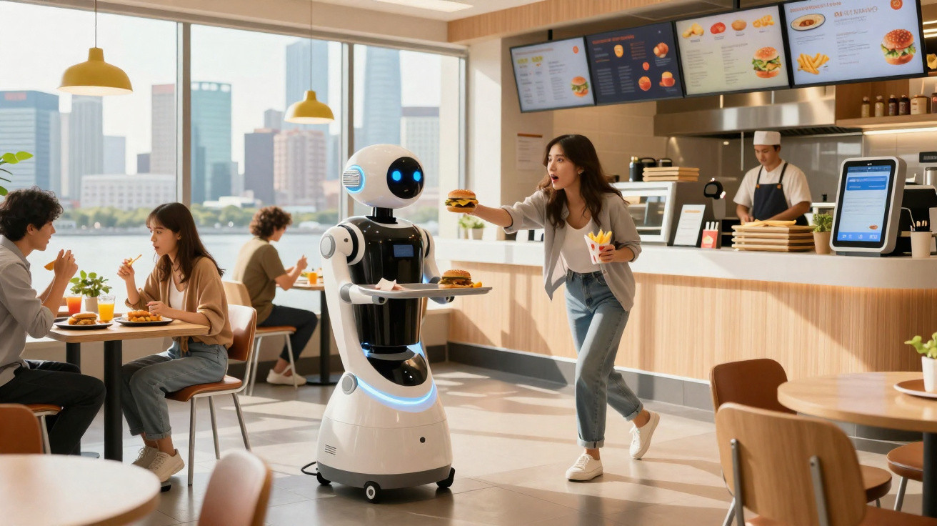 Robot a servir hambúrgueres a clientes num restaurante moderno com vista para a cidade.