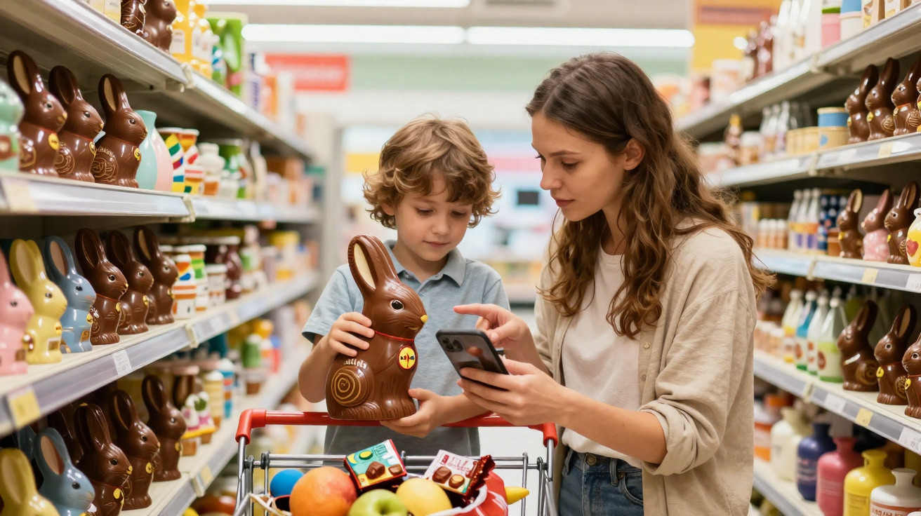 Mulher e menino escolhem um coelho de chocolate no supermercado entre prateleiras decoradas para a Páscoa.