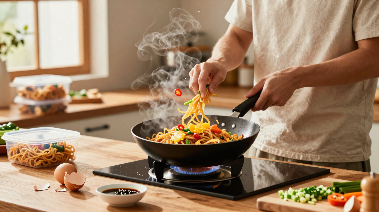 Pessoa a cozinhar noodles com legumes e pimenta numa frigideira num fogão a gás numa cozinha moderna.