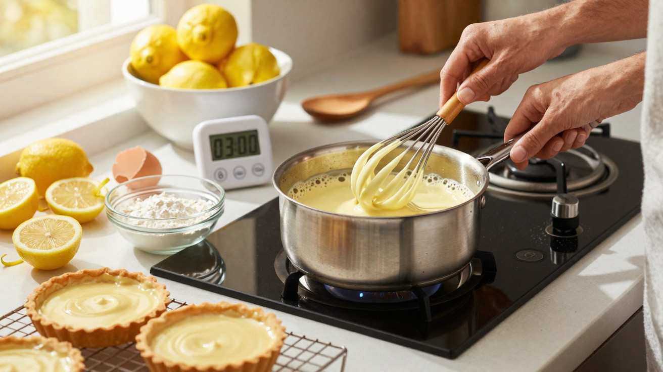 Mãos a mexer creme numa panela no fogão, com limões, farinha e tartes numa cozinha iluminada.