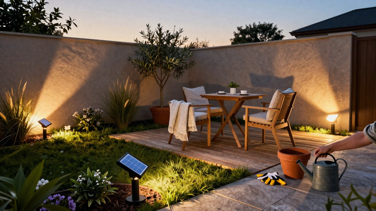 Pátio iluminado ao entardecer com mesa de madeira, cadeiras, plantas e pessoa a regar o jardim.