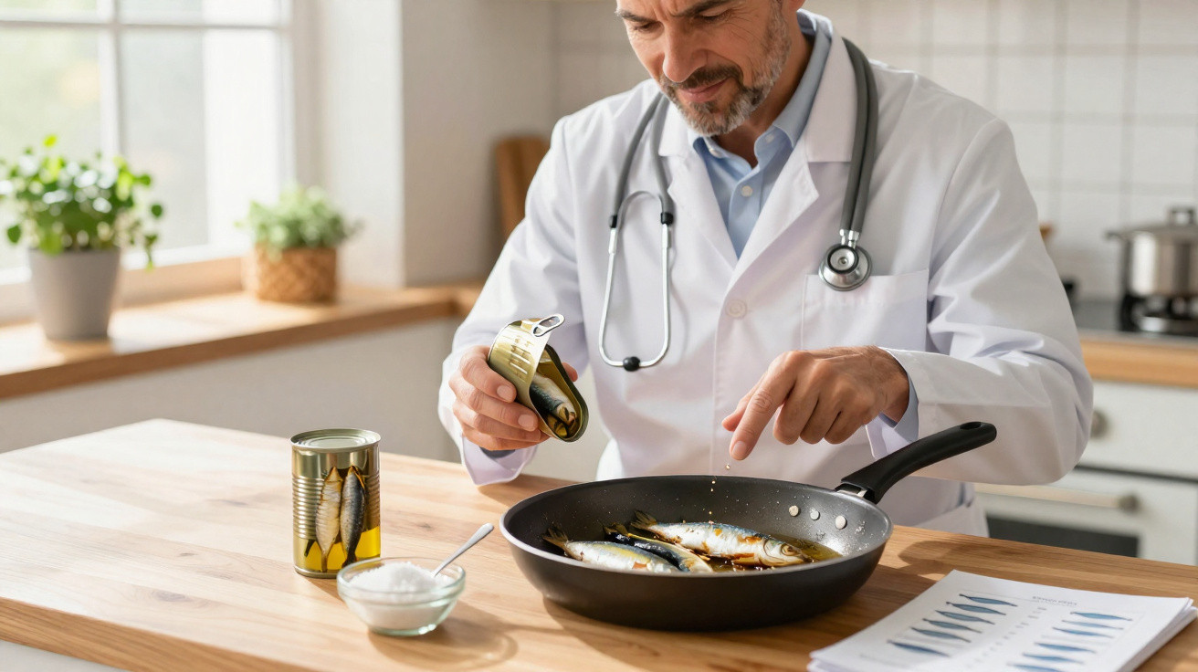 Médico com bata branca cozinha sardinhas num frigideira enquanto tempera com azeite numa cozinha iluminada.