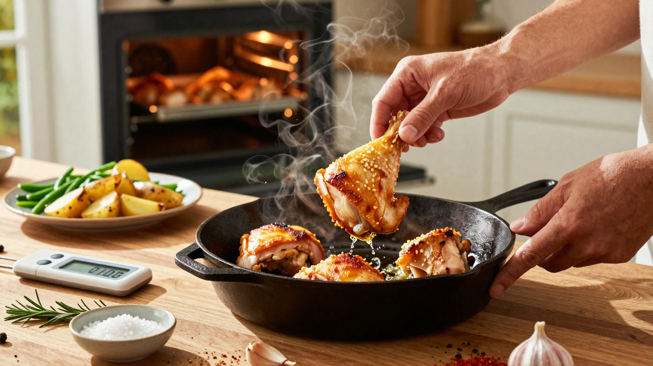 Pessoa a retirar coxa de frango dourada e suculenta de frigideira, com legumes e batatas ao fundo.