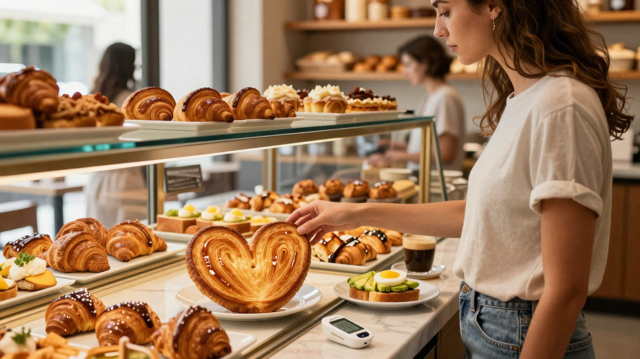 Mulher escolhe pastelaria numa pastelaria moderna com várias opções de croissants e doces expostos.