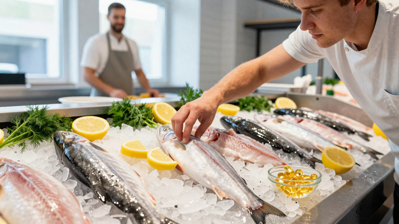 Peixe fresco sobre gelo com rodelas de limão e ervas, homem a tocar num peixe num mercado de peixe.