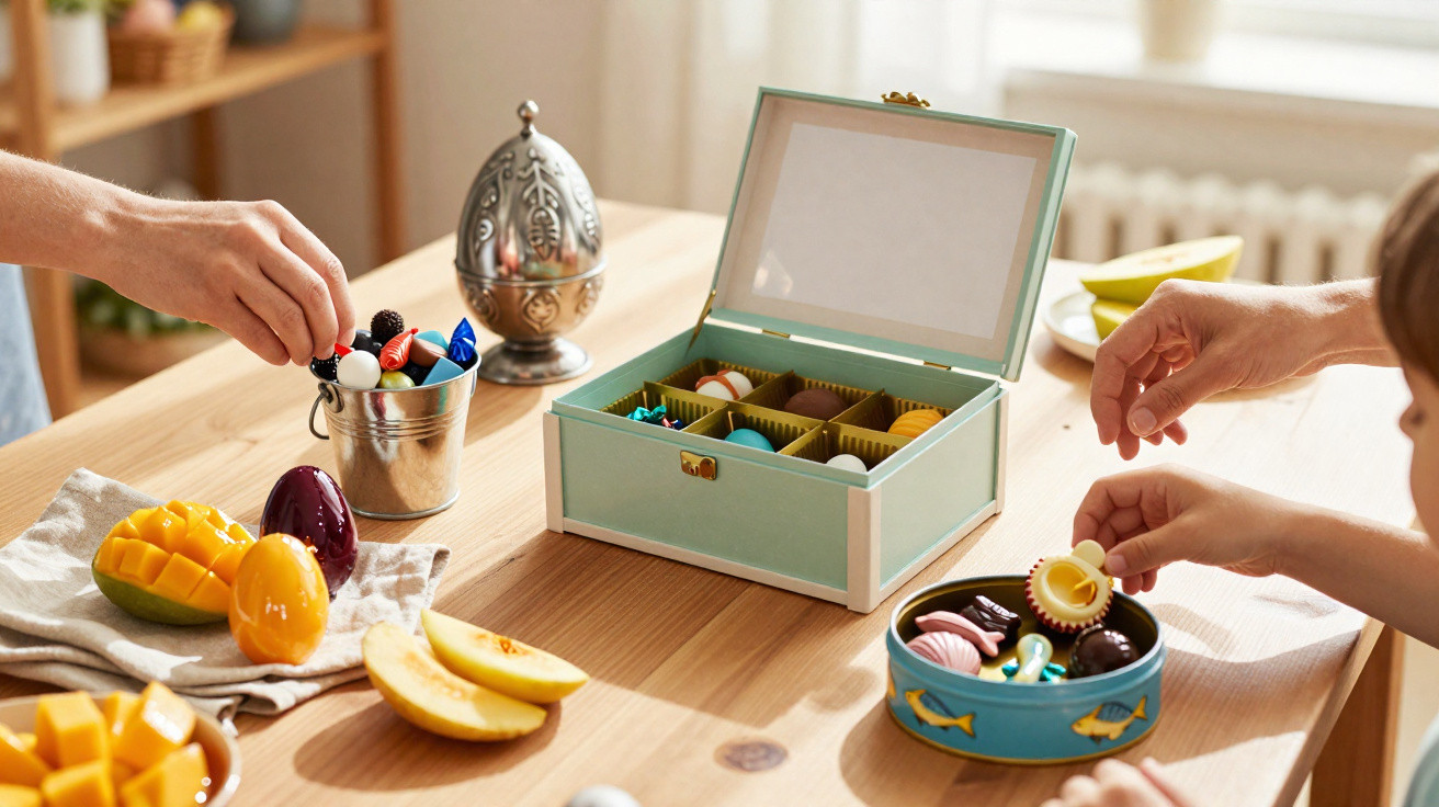 Crianças a escolher doces coloridos em recipientes junto a frutas numa mesa de madeira iluminada.