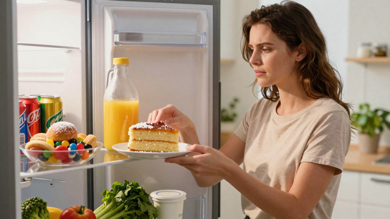 Mulher olha indecisa para fatia de bolo ao tirar do frigorífico aberto numa cozinha moderna.