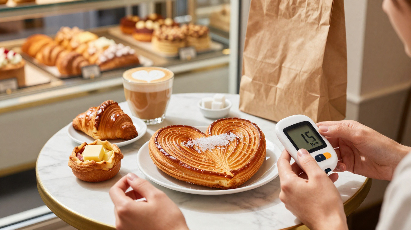 Pessoa a medir glicose com medidor na mesa de café com vários doces e um café com leite.