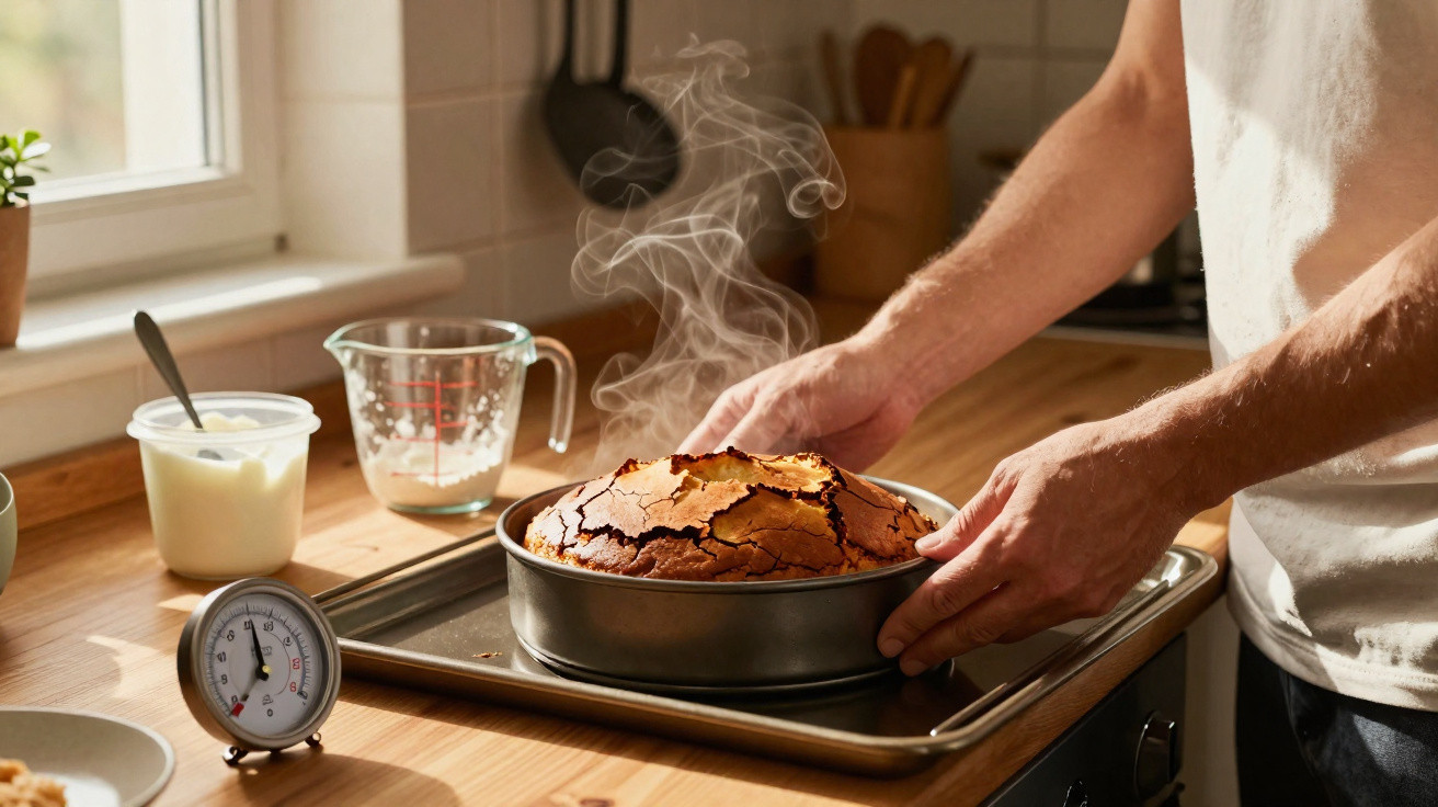 Pessoa a retirar bolo quente acabado de sair do forno numa cozinha iluminada pela janela.
