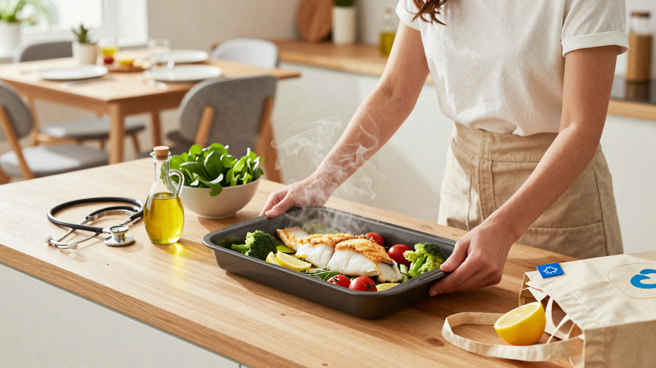 Pessoa a retirar tabuleiro com peixe e legumes cozinhados numa cozinha moderna.