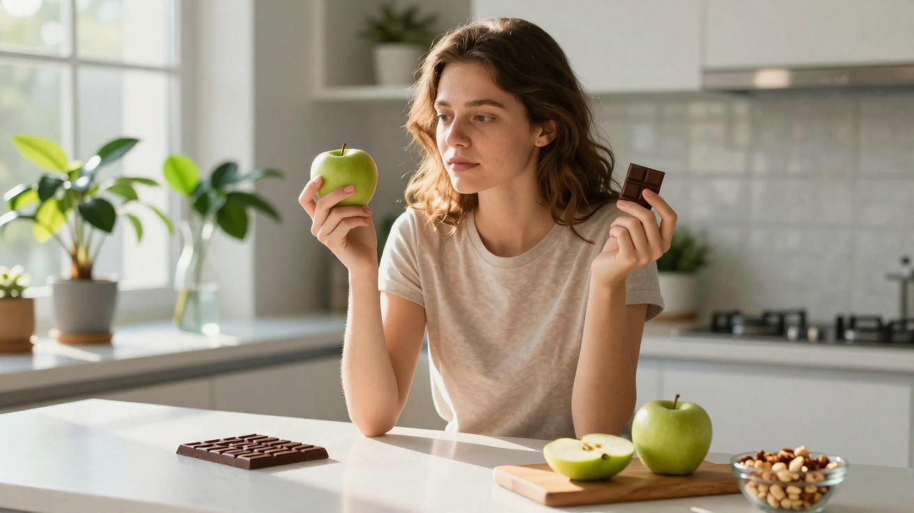 Mulher sentada na cozinha, segurando uma maçã verde numa mão e chocolate na outra, numa expressão de dúvida.