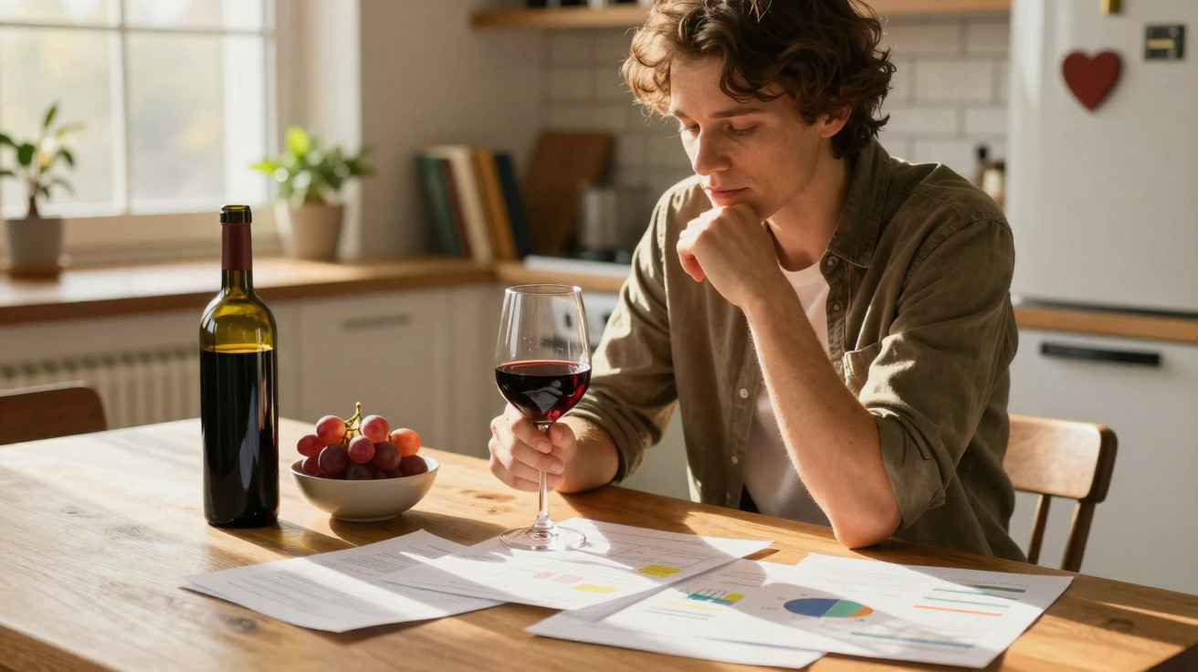 Homem sentado a analisar gráficos e documentos com um copo de vinho tinto e um cacho de uvas na mesa.