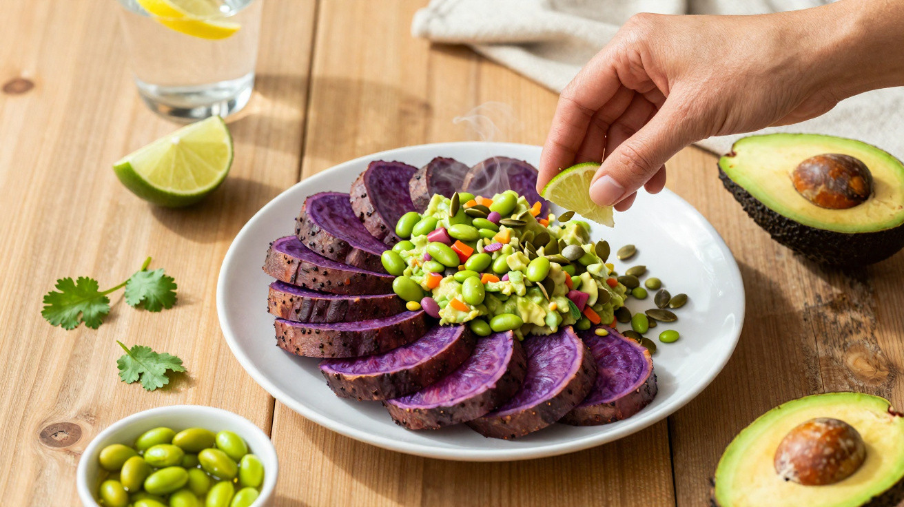 Prato com batata-doce roxa fatiada, salada de edamame, abacate e sementes, com mão a espremer lima.