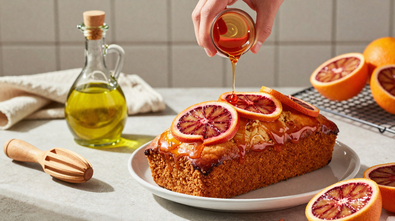 Bolo decorado com fatias de laranja sanguínea e mel a ser derramado por cima, numa bancada de cozinha.