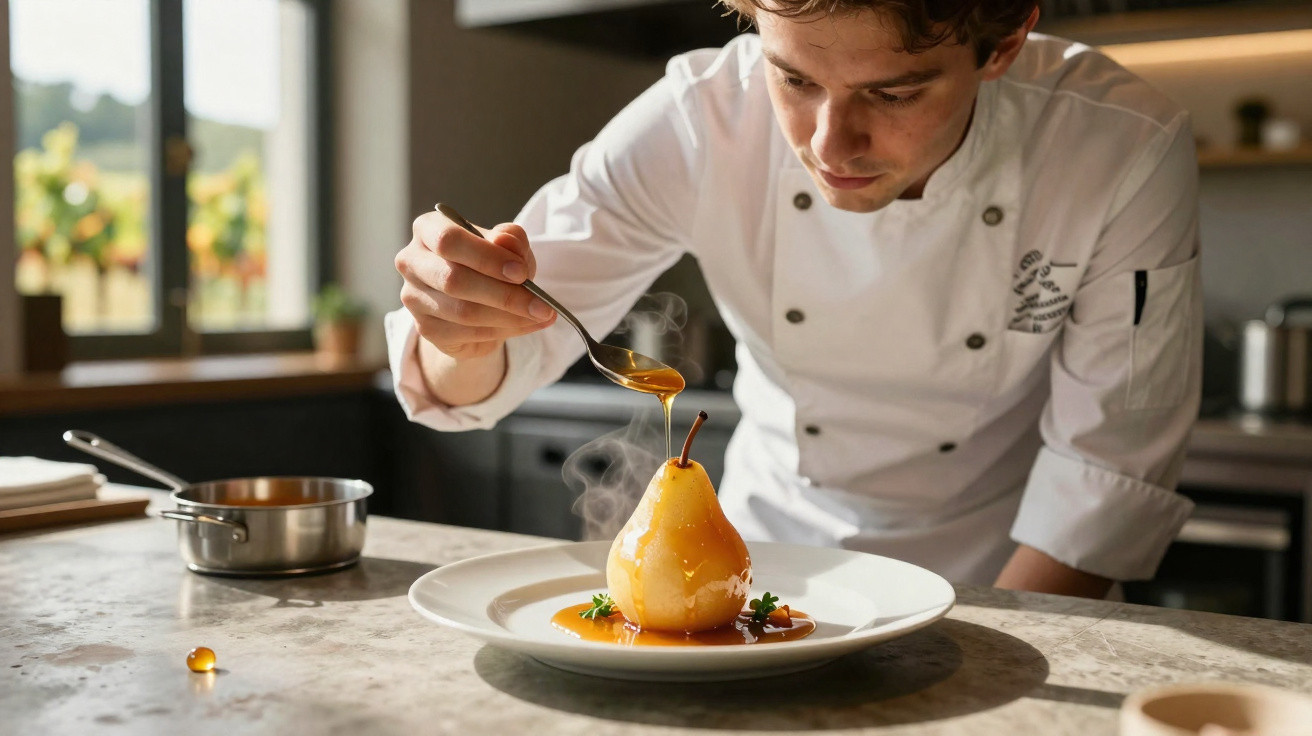 Chef de cozinha a regar sobremesa de pera com caramelo numa cozinha profissional.