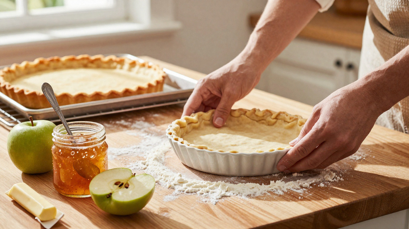 Mãos moldam massa numa forma de tarte, com maçã verde, marmelada e manteiga numa bancada de madeira.