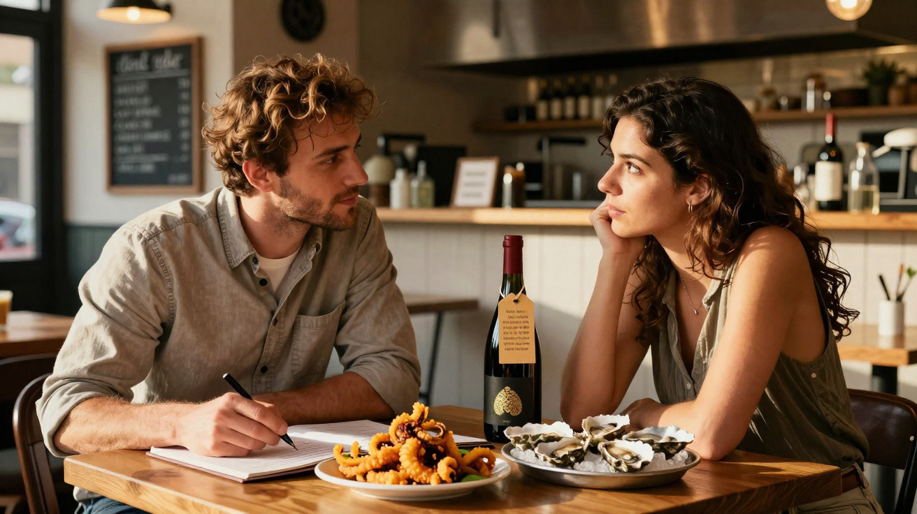 Casal sentado à mesa num restaurante a conversar, com pratos de marisco e garrafa de vinho à frente.