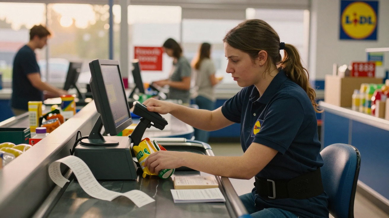 Funcionária do Lidl a registar compras numa caixa de supermercado.
