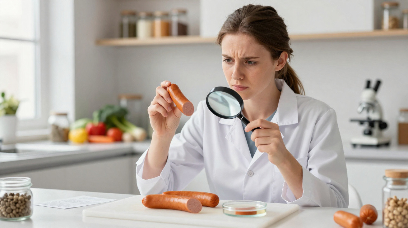 Mulher de jaleco branco examina linguiça com lupa num laboratório culinário.