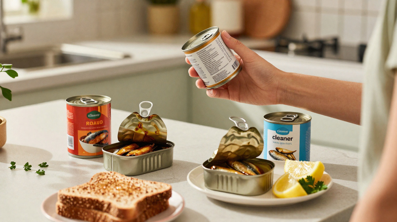 Mão segurando lata de conservas, latas abertas com peixes, limão e sandes numa cozinha moderna.